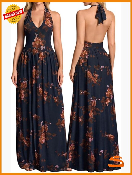 Dresses & Skirts - Women's Floral Halter Wedding Guest Maxi Dress V Neck Mesh Semi Formal Long